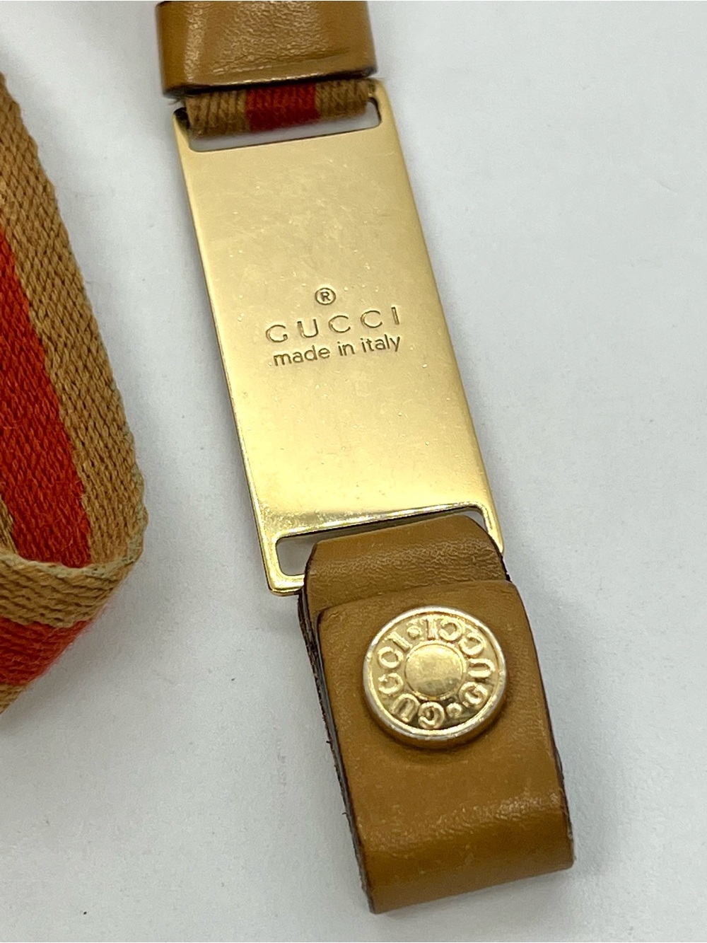 Gucci VINTAGE Web Stripe Lanyard Key Holder Gold Tone Leather Canvas Italy - Picture 2 of 12